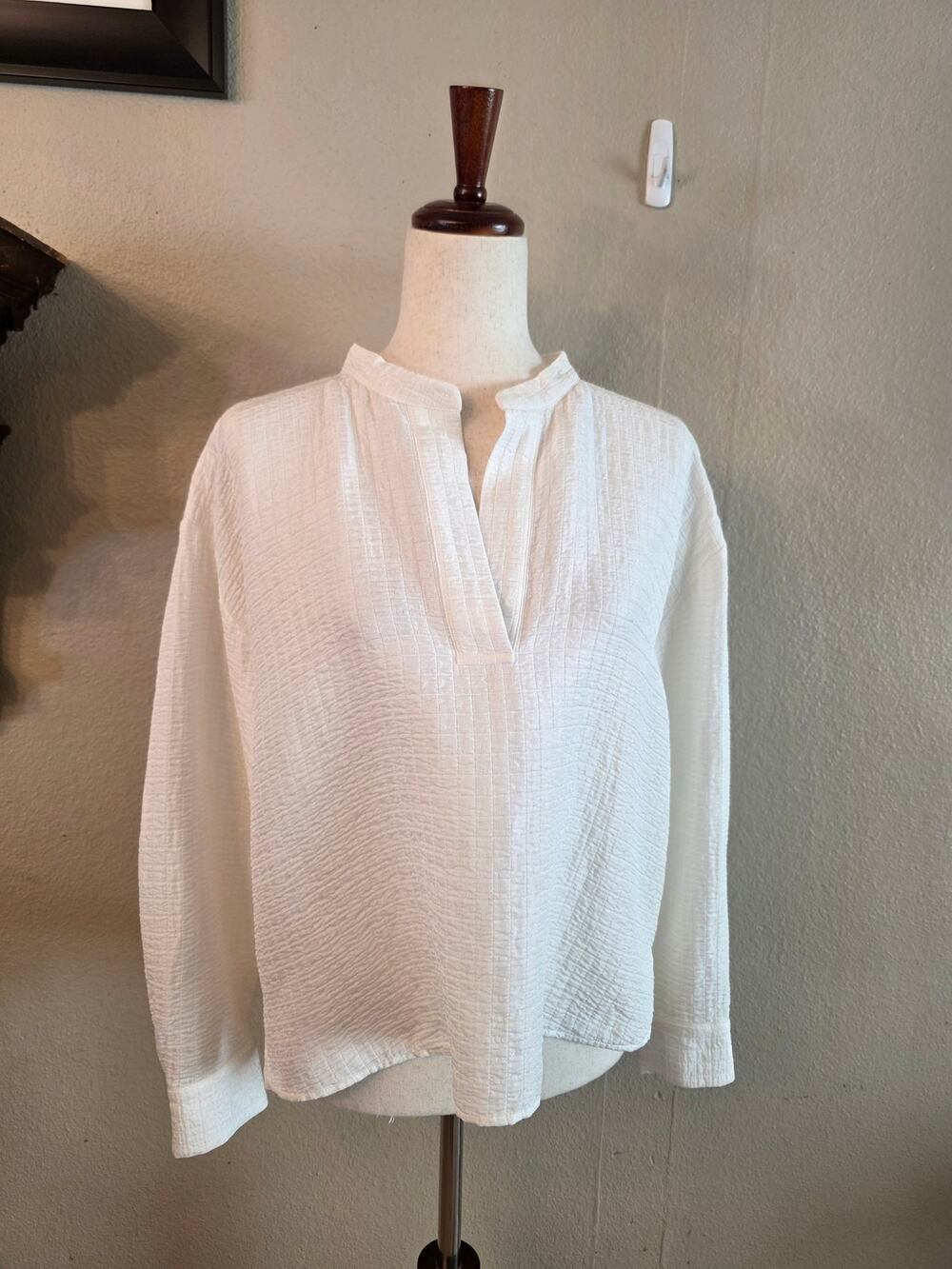 Eileen Fisher Silk Organic Linen Blouse White Boxy Flowy Textured Small Luxury